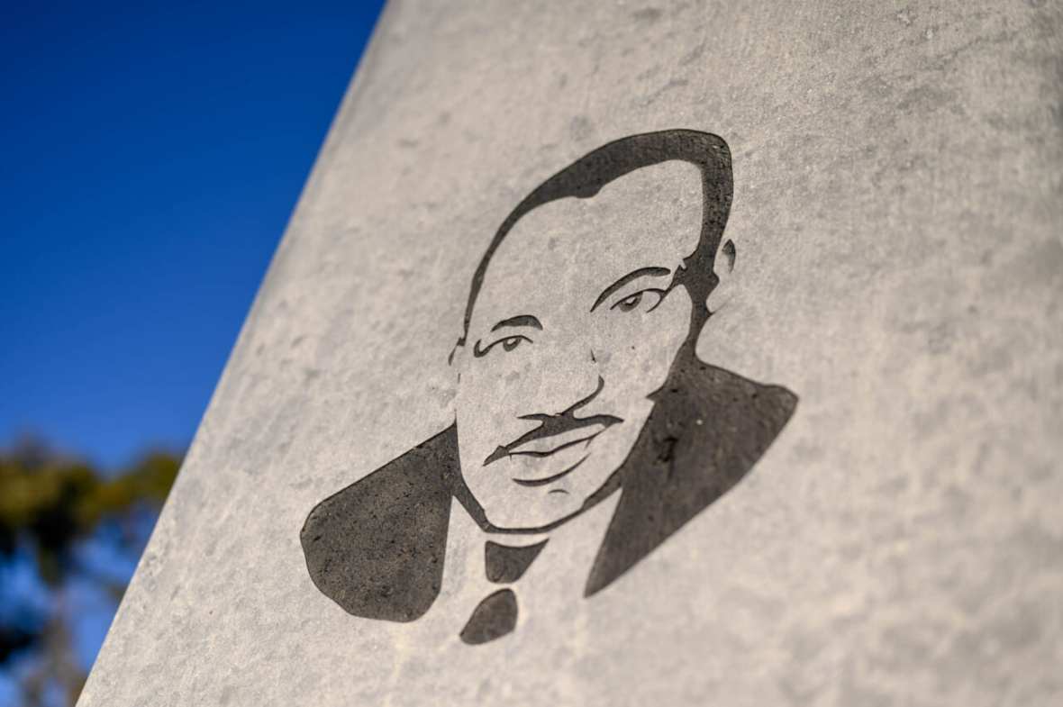 A stylized image of Martin Luther King Jr. on the obelisk at the Dr. Martin Luther King, Jr. Memorial Tree Grove