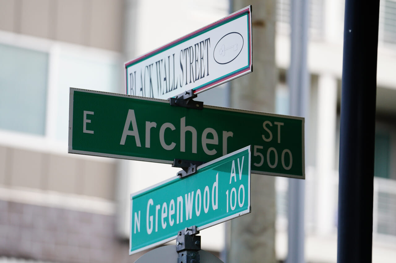 Tulsa "Black Wall Street" sign is seen during the Juneteenth celebration