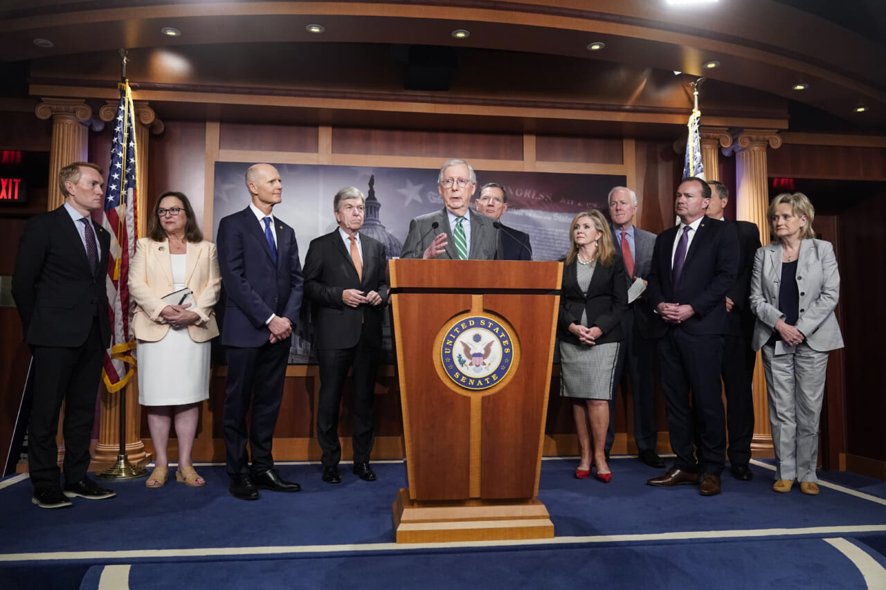 Senate Minority Leader Mitch McConnell (R-KY) speaks at a news conference