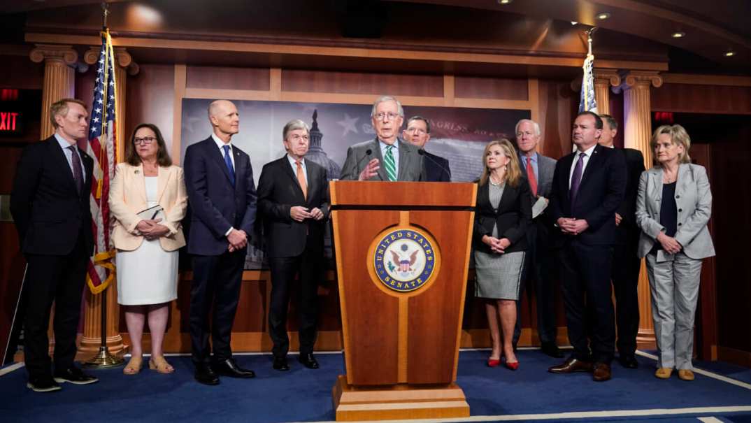 Senate Minority Leader Mitch McConnell (R-KY) speaks at a news conference