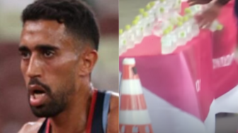 Olympic runner Amdouni knocking down water bottles during race causes debate