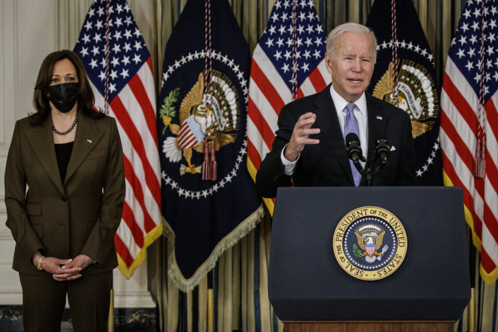 U.S. President Joe Biden speaks alongside Vice President Kamala Harris