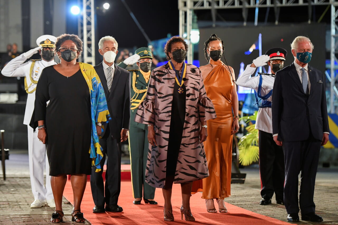 Mia Mottley, Garfield Sobers, Dame Sandra Mason, Rihanna and Prince Charles