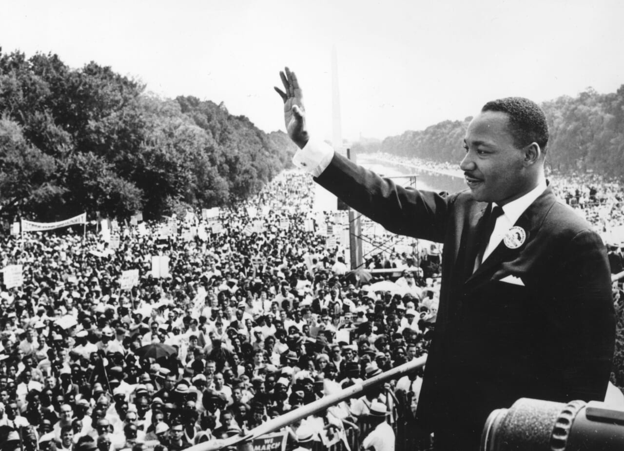 Civil rights leader Martin Luther King, Jr., addresses crowds during the March on Washington