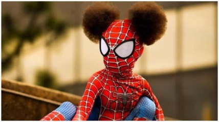 afro-puffs and spidey suit