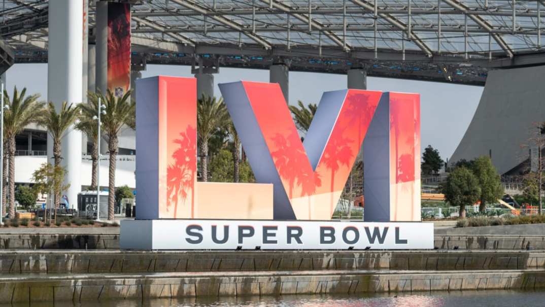 The Super Bowl LVI logo stands outside SoFi Stadium