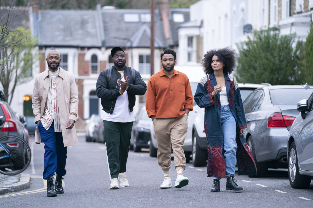 Actors LaKeith Stanfield, Brian Tyree Henry, Donald Glover and Zazie Beetz wearing casual outdoor clothing