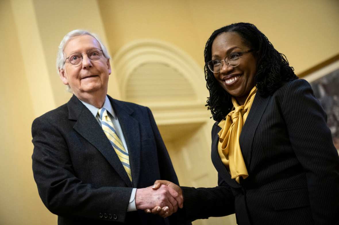 Senate Minority Leader Mitch McConnell (R-Ky.) shakes hands with Supreme Court Nominee Judge Ketanji Brown Jackson