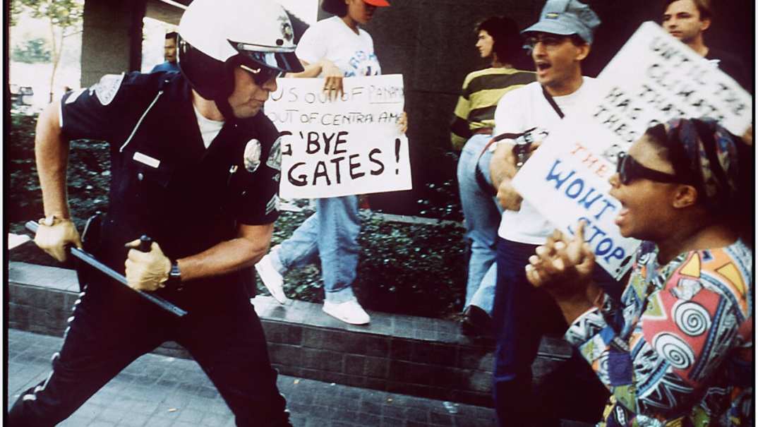 Police officer uses his baton on a protester