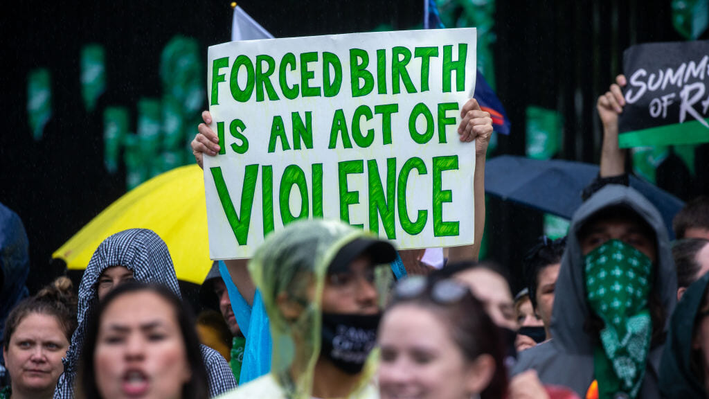 A group of demonstrators holding up signs, with one reading "Forced birth is an act of violence"