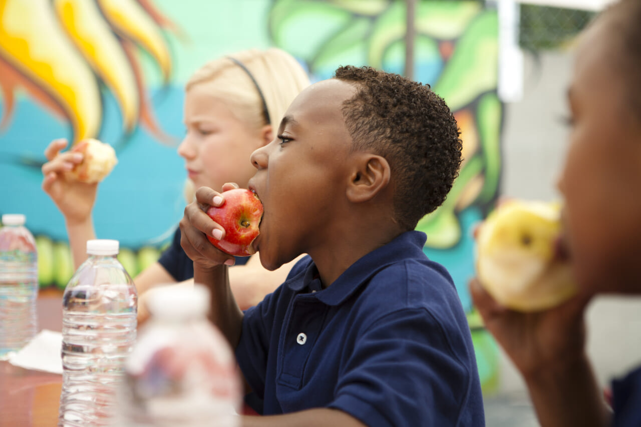 A little boy eats an apple at a table