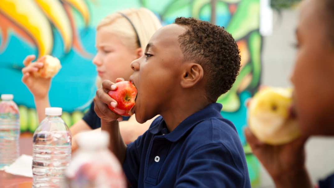 A little boy eats an apple at a table