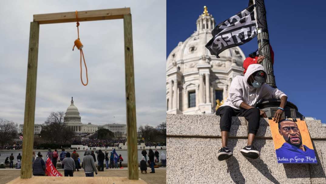 A makeshift gallows with a noose and supporters of former President Donald Trump at the U.S. Capitol on January 6, 2021