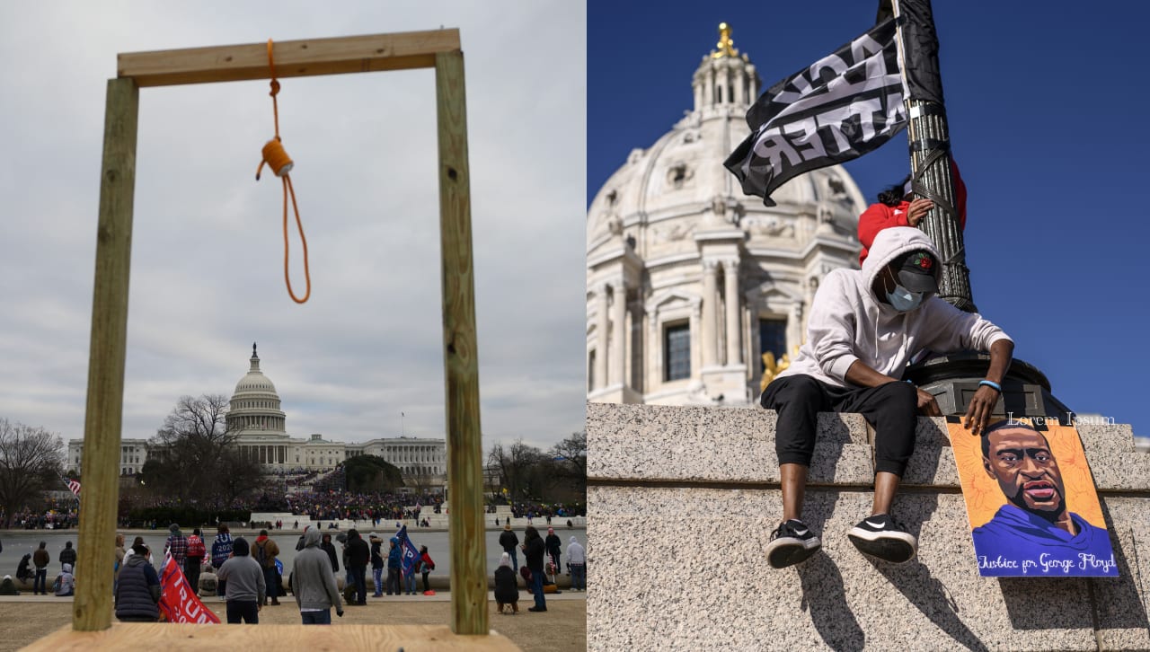 A makeshift gallows with a noose and supporters of former President Donald Trump at the U.S. Capitol on January 6, 2021