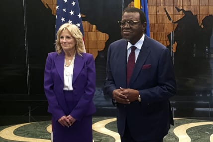 Namibia President Hage Geingob, dancers welcome Jill Biden at first stop of Africa tour
