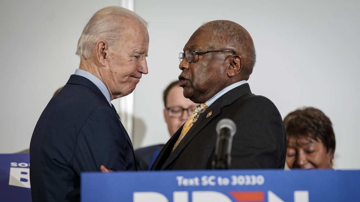 President Joe Biden shakes hands with Democratic Representative and House Majority Whip James Clyburn of South Carolina