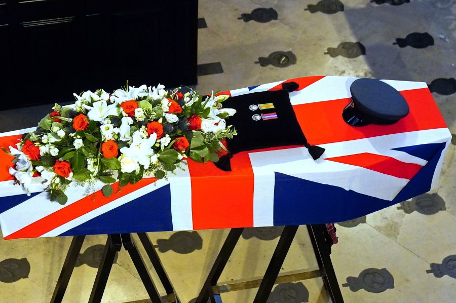 A view of the coffin of former RAF Sergeant Peter Brown