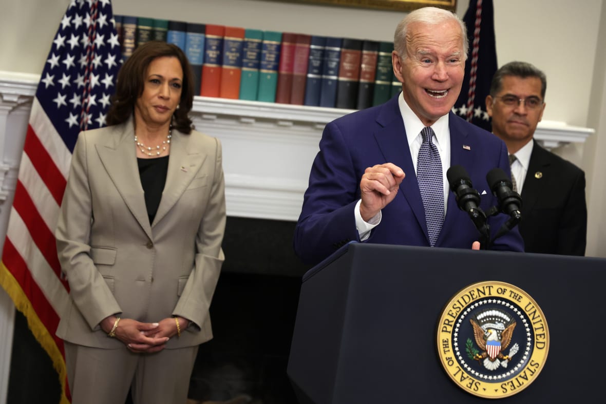 President Joe Biden delivers remarks as Vice President Kamala Harris, and Secretary of Health and Human Services Xavier Becerra listen during an event at the Roosevelt Room of the White House on July 8, 2022, in Washington, D.C.