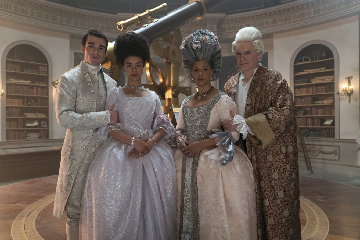 Corey Mylchreest, India Amarteifio, Golda Rosheuvel and James Fleet in “Queen Charlotte: A Bridgerton Story”