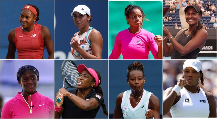 A collage of eight Black women who are playing in the 2023 US Open.