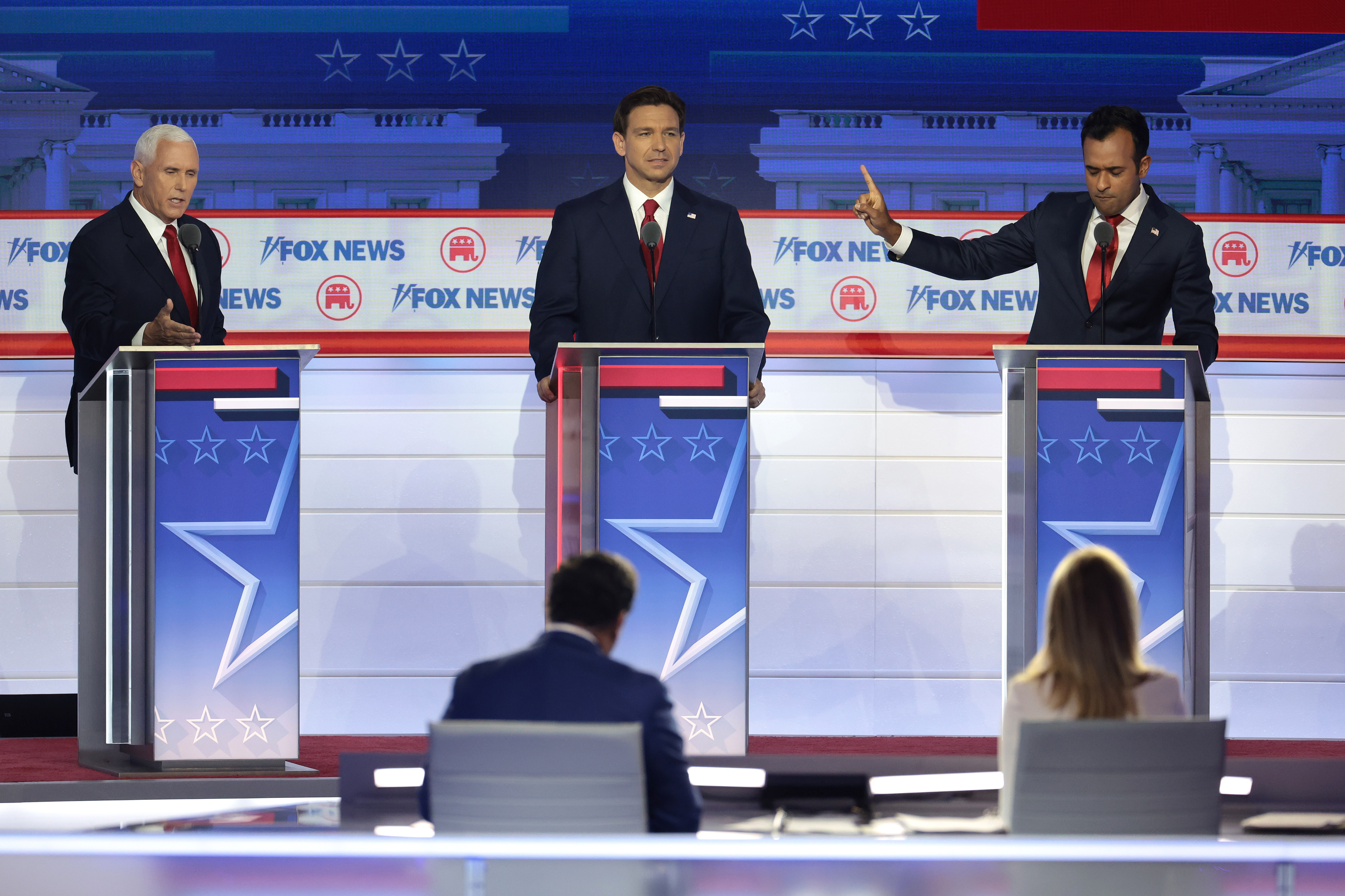 Republican presidential candidates former Vice President Mike Pence, Florida Gov. Ron DeSantis and Vivek Ramaswamy