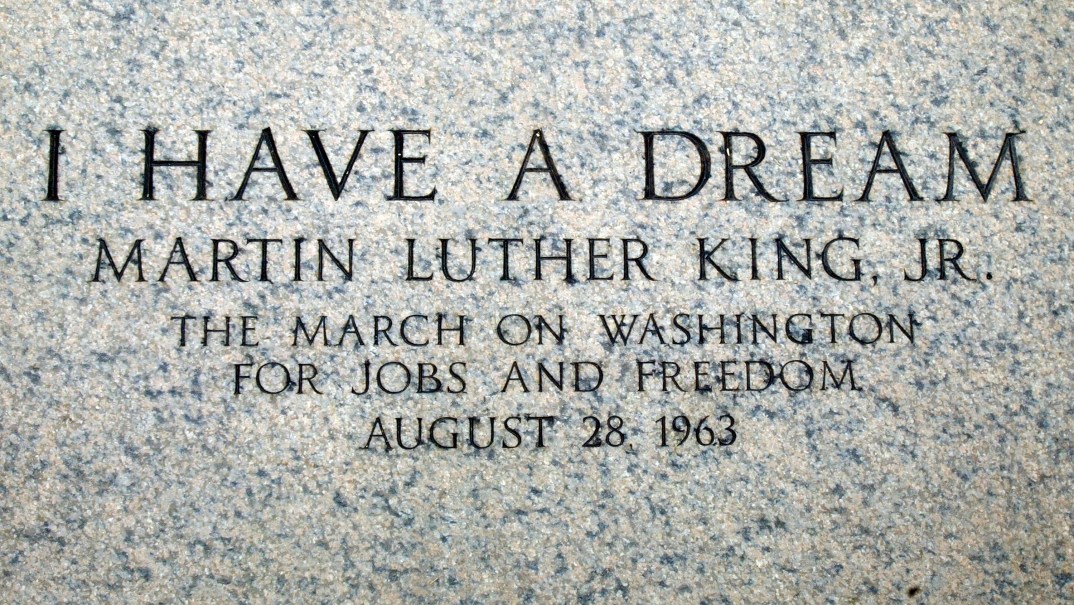 An engraving at the Lincoln Memorial marks where Martin Luther King, Jr. made his 1963 "I Have a Dream" speech