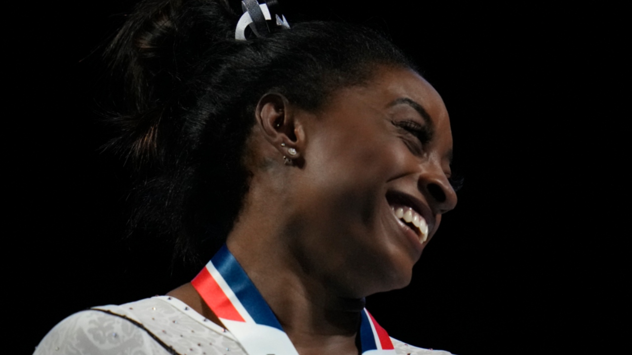 Simone Biles relishes her victory and never utters the ‘O’ word