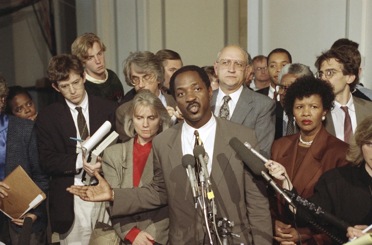 Charles Ogletree, lawyer for Anita Hill, speaks to reporters