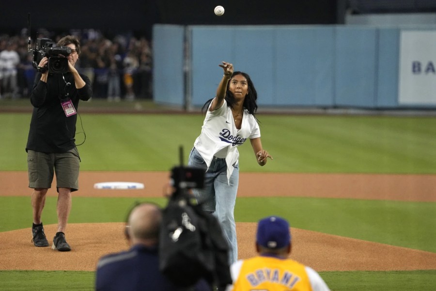 Kobe Bryant's daughter Natalia tosses first pitch at Dodger Stadium