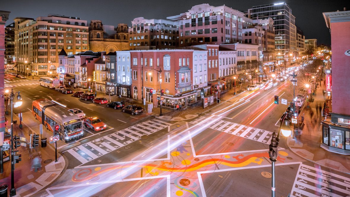 A city street at night