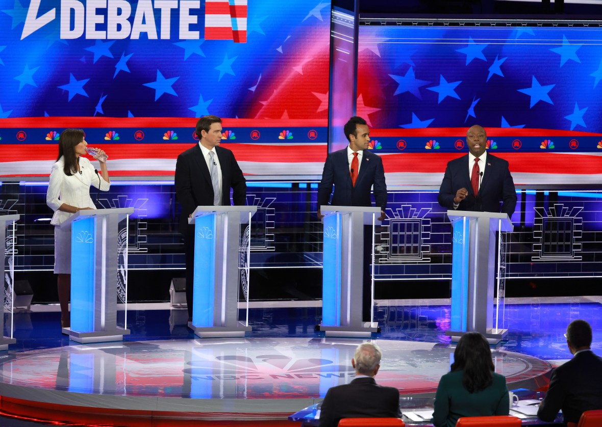 Republican presidential candidates Nikki Haley, Ron DeSantis, Vivek Ramaswamy and Tim Scott