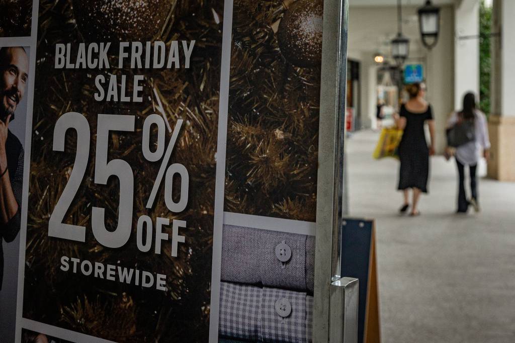 The unofficial start of the annual American holiday consumerism season is marked by so-called Black Friday retail sales events at shops throughout The Square in downtown West Palm Beach, Fla., on the day after Thanksgiving, November 24, 2023. (Credit: THOMAS CORDY/THE PALM BEACH POST / USA TODAY NETWORK)
