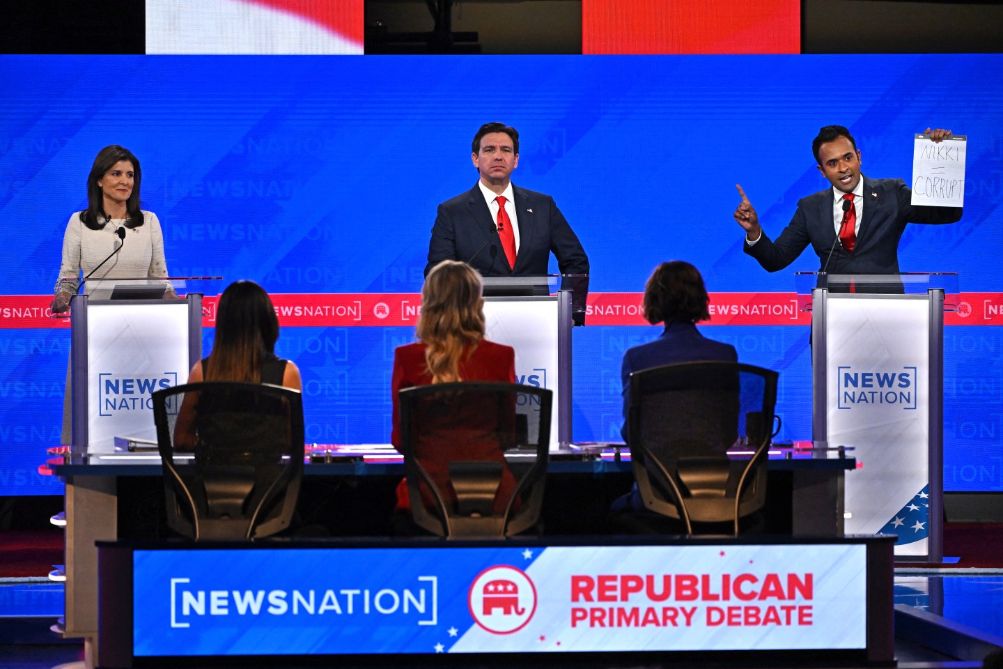 Former South Carolina Governor and U.N. ambassador Nikki Haley, Florida Governor Ron DeSantis and Vivek Ramaswamy