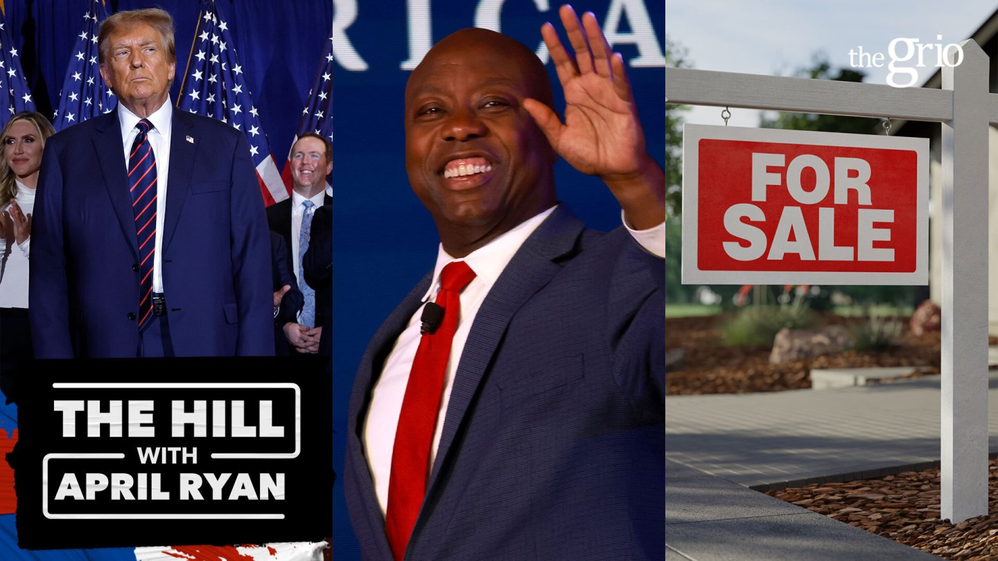 Former President Donald Trump, Sen. Tim Scott and a "For Sale" sign