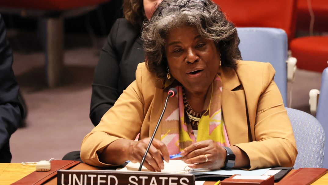 U.S. Representative to the United Nations Ambassador Linda Thomas-Greenfield sits at a table