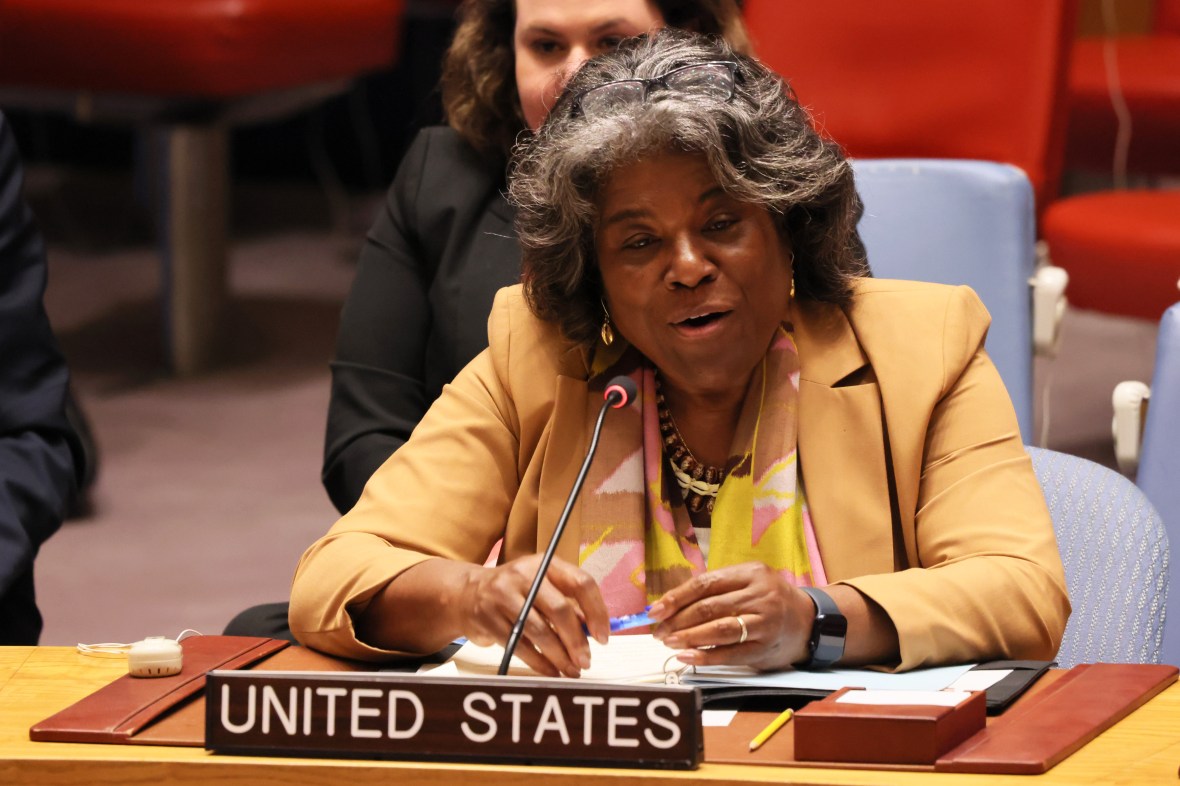 U.S. Representative to the United Nations Ambassador Linda Thomas-Greenfield sits at a table