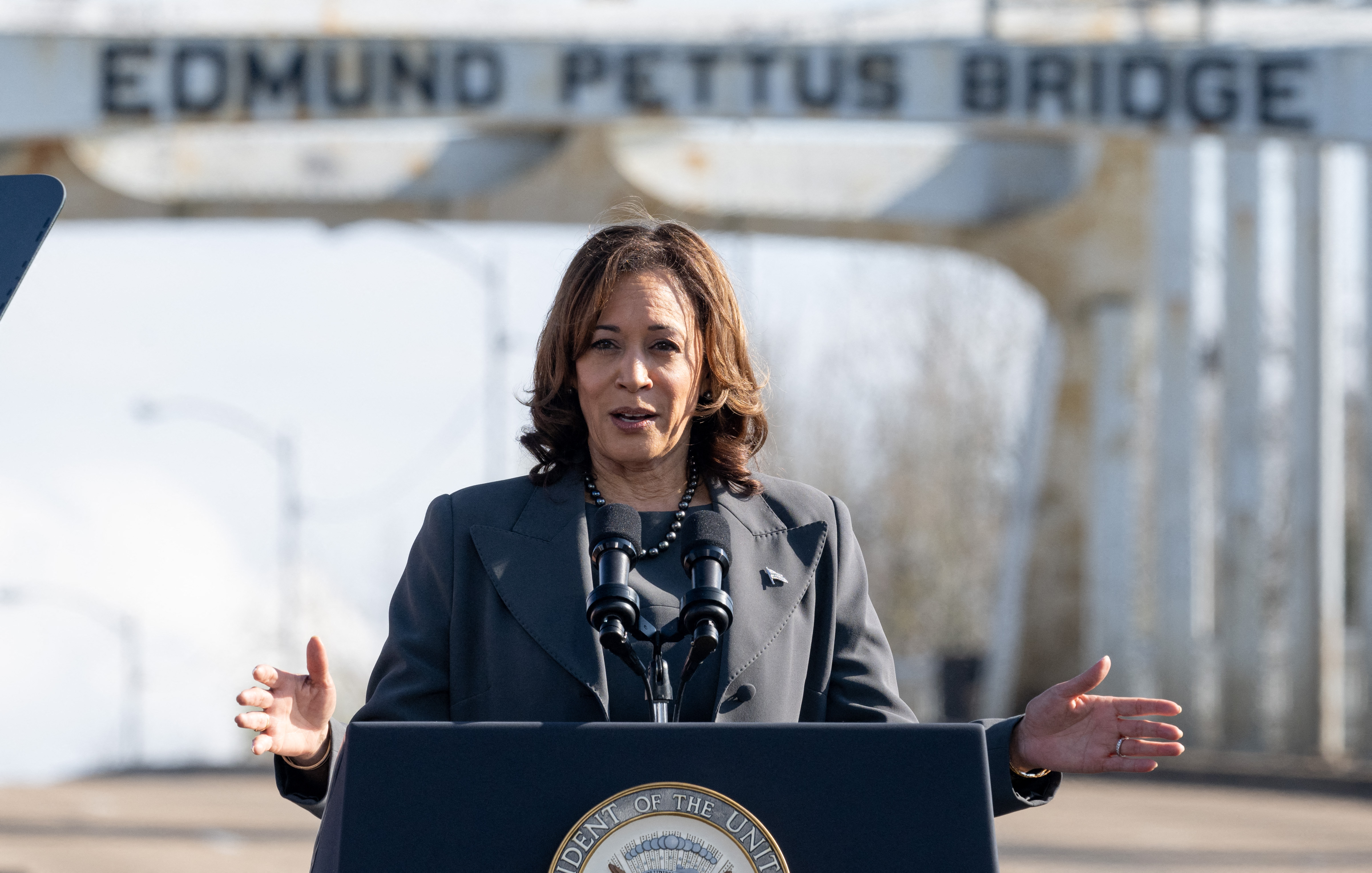 Vice President Kamala Harris speaks at the Edmund Pettus Bridge