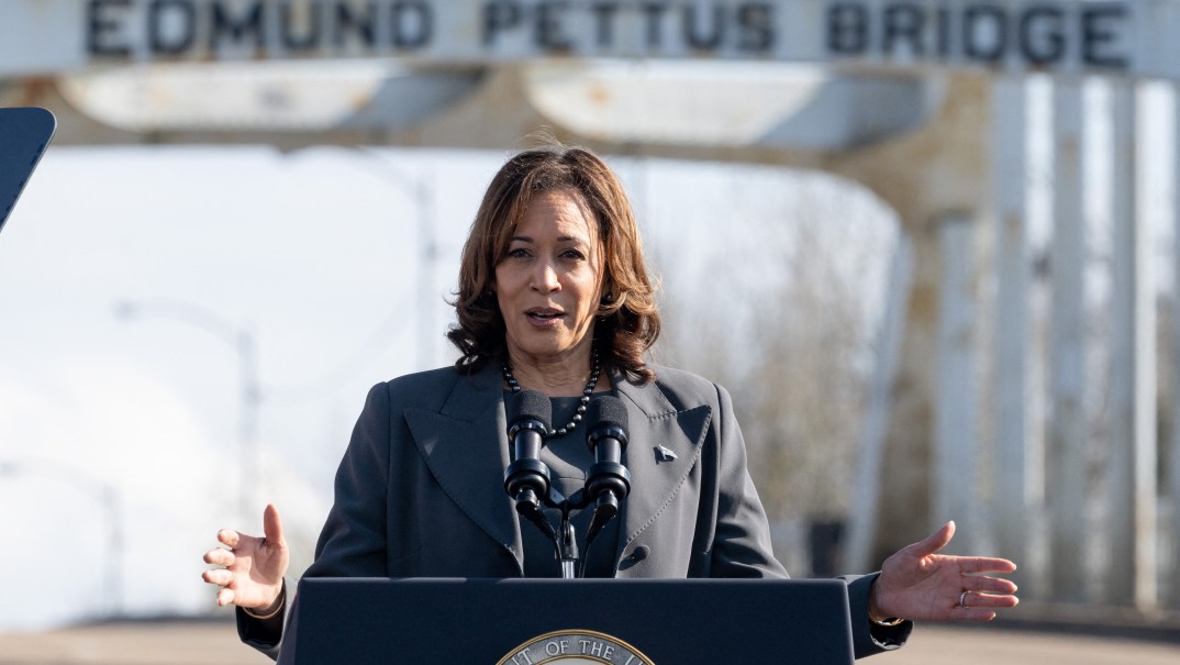 Vice President Kamala Harris speaks at the Edmund Pettus Bridge