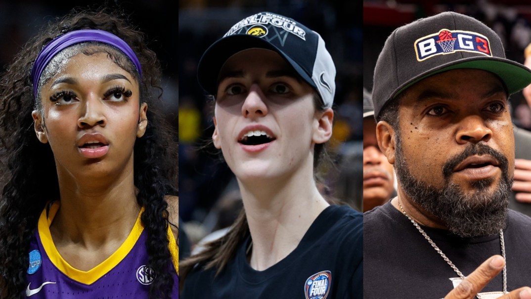 WNBA players Angel Reese and Caitlin Clark and rapper Ice Cube