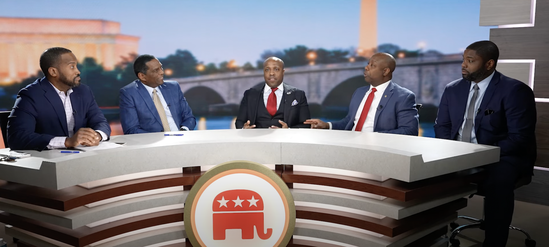 Republican Senator Tim Scott with Republican Representatives Byron Donalds, Wesley Hunt, Burgess Owens and John James