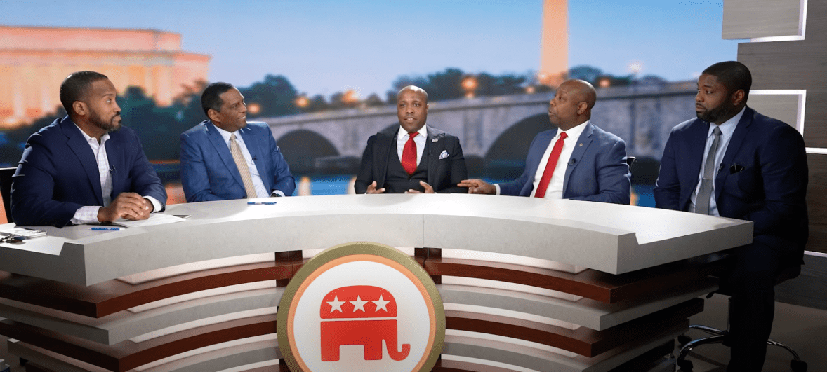 Republican Senator Tim Scott with Republican Representatives Byron Donalds, Wesley Hunt, Burgess Owens and John James