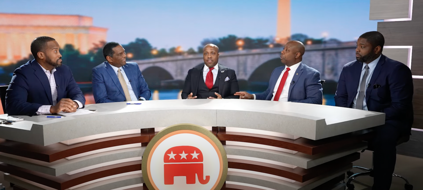 Republican Senator Tim Scott with Republican Representatives Byron Donalds, Wesley Hunt, Burgess Owens and John James