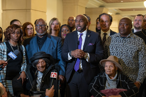 Attorney Damario Solomon-Simmons speaks at a press conference with survivors of the Tulsa Race Massacre