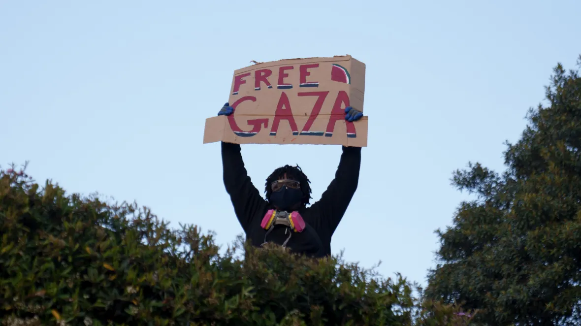 A pro-Palestine protestor holds up a "Free Gaza" sign