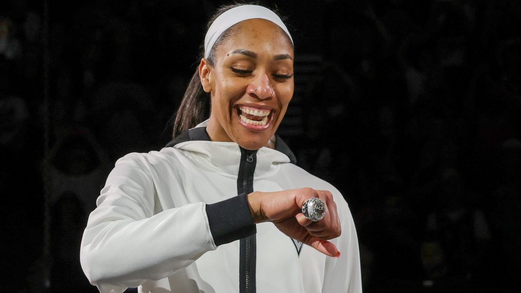 A'ja Wilson of the Las Vegas Aces receives her 2023 WNBA championship ring