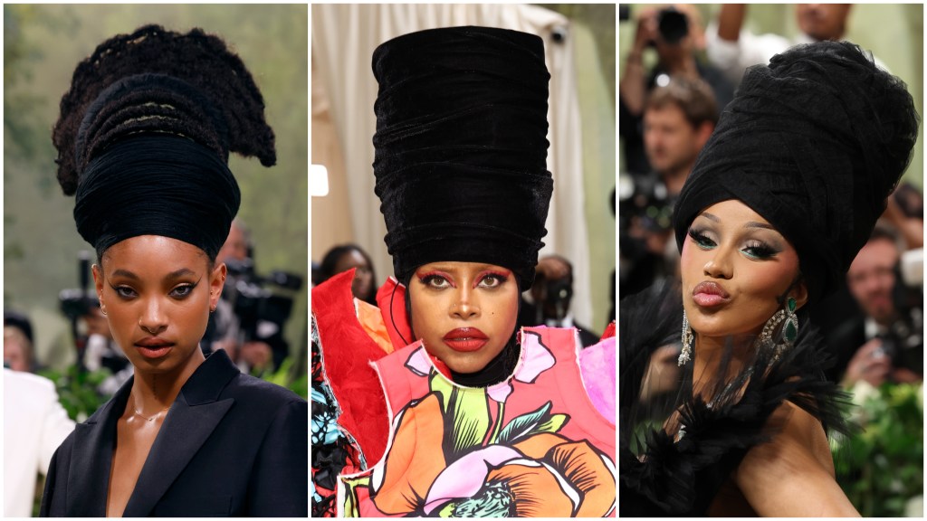 Actor and singer Willow Smith, singer Erykah Badu and rapper Cardi B wearing black headwraps