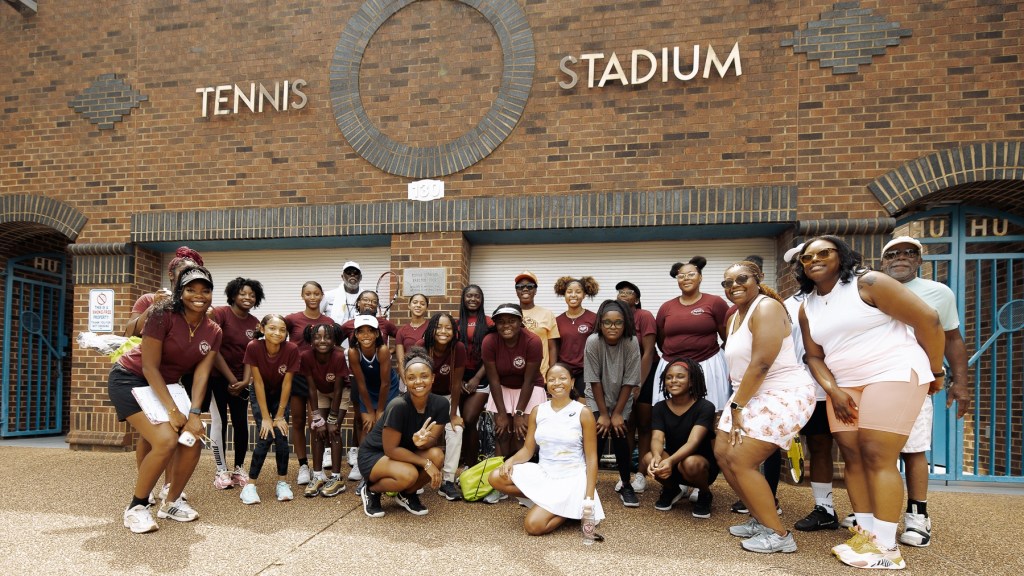 Founders of Black Girls Tennis Club Virginia Thornton (L)  and Kimberly Selden (R) and BGTC participants. Courtesy of Kimberly Selden/ Black Girls Tennis Club.