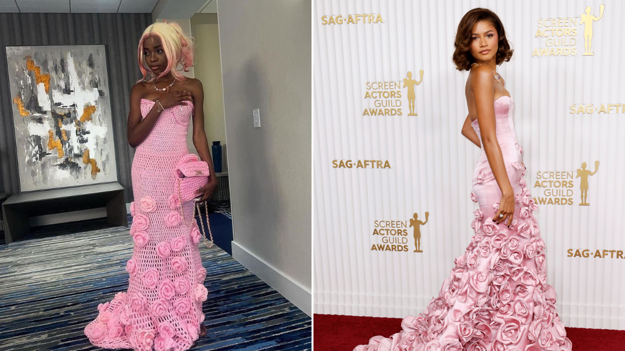 teenager Zendaya-inspired prom dress, teen makes her own prom dress, crochet prom dress, zendaya-inspired prom dress, Sarah Akinbuwa prom dress, Sarah Akinbuwa crochet prom dress, Sarah Akinbuwa Zendaya theGrio.com