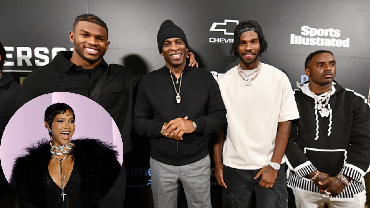 Karrueche Tran pictured inset with Deion Sanders and his sons Shilo, Shedeur and Deion Jr.